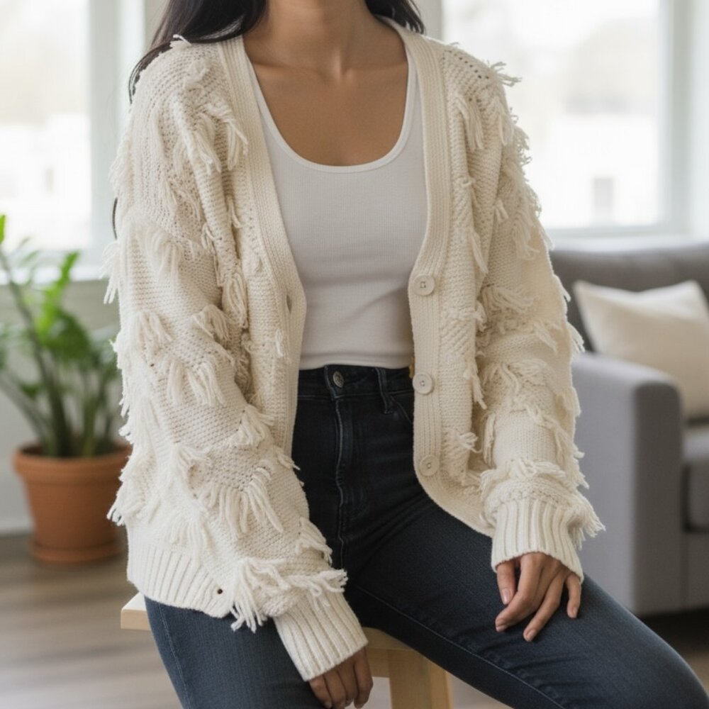 525 America‎ Fringe Cardigan, off-white, Small
